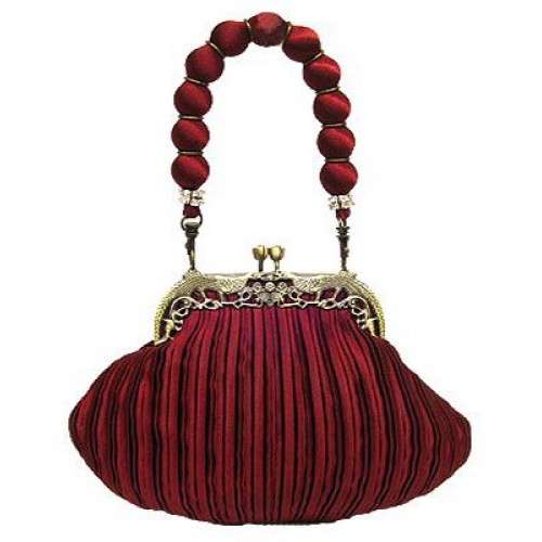Evening Bag - Pleated w/ Vintage Frame and Fabric Ball Handle - Burgundy - BG-Z82694BG